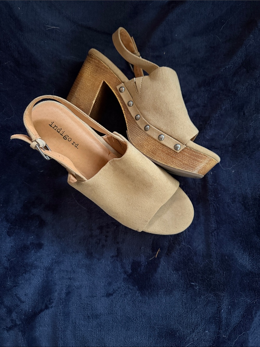 Indigo Tan Suede Studded Platform Mules 7.5M